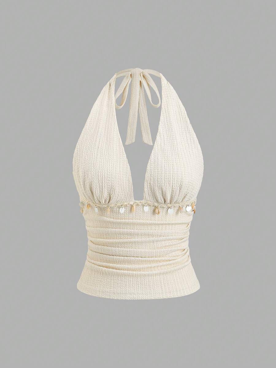 Sweetra 女士优雅时尚新款性感露背波西米亚风链条装饰吊带背心，杏色 - 杏色 - 查看 1