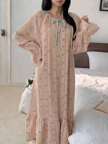 DAZY 波浪纹可爱小狗印花长袖宽松休闲连衣裙（女款） - 粉色 - 查看 6