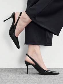 CUCCOO BIZCHIC Damen schwarze Lackleder spitze Zehen Stiletto Absatz rückenfreie modische sexy High Heels - Schwarz - Übersicht 3
