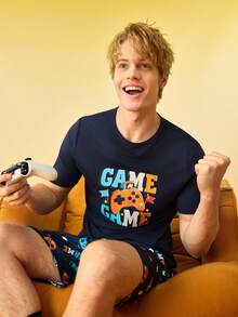 Notgurli Men's Letter & Game Console Print Short Sleeve Top And Shorts Pajama Set - Multicolor - View 3