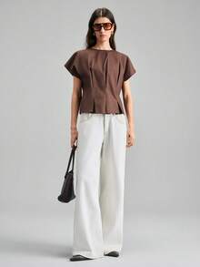 Ontre 2026 Spring/Summer New Women's Gathered Ruffle Cap Sleeve Round Neck Cap Sleeve Top, Urban Commute Business Casual Blouse, Elegant Outfit For Dating, Wedding Guest, Vacation - Brown - View 7