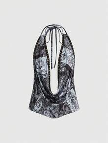ROMWE Grunge Punk Top Feminina com Decote Drapeado, Estampa Floral Barroca Paisley Boêmia - Preto - Visão 1