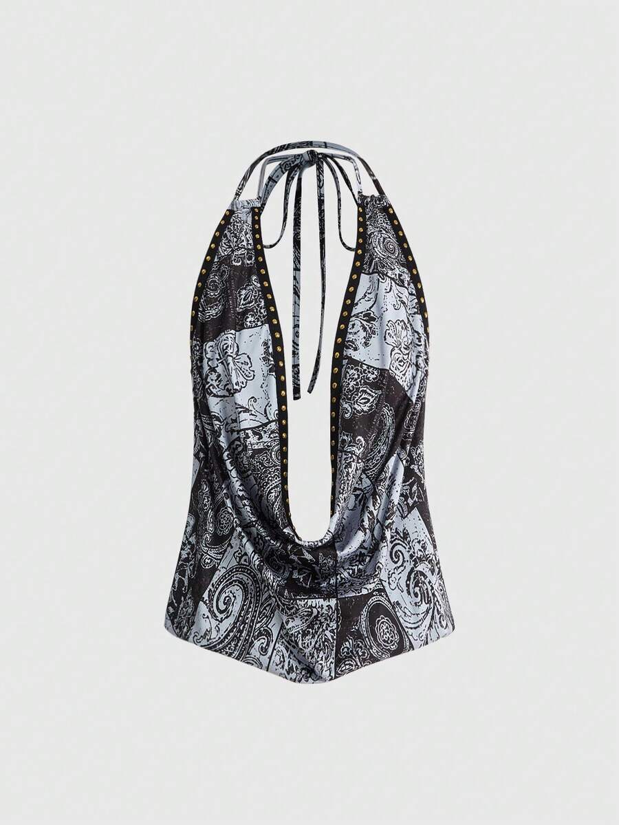 ROMWE Grunge Punk Top Feminina com Decote Drapeado, Estampa Floral Barroca Paisley Boêmia - Preto - Visão 1