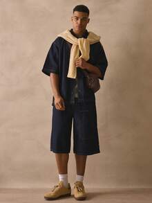 Musero 落肩短袖纽扣翻领牛仔衬衫，缝线细节设计，春夏必备单品 - 深色水洗藍 - 查看 5