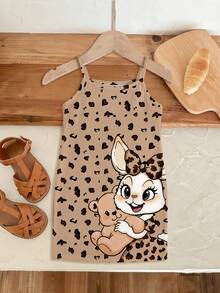 SHEIN Robe camisole ajustée décontractée pour bébé fille avec imprimé léopard kaki et motif mignon de lapin. Convient pour le printemps/été, usage quotidien, à la maison, en extérieur, à la ferme, pour un pique-nique, les vacances - Multicolore - Voir 3