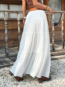 Muchica White Woven Women's Vacation Casual Ruffle Hem Skirt - White - View 2