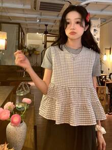 DAZY 女士格子叠层韩版吊带衬衫 - 灰色 - 查看 7