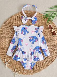 SHEIN 女婴可爱蝴蝶结兔子和大象印花发带（2件套）；女婴荷叶边袖泳衣；女婴拉链泳衣；女婴长袖泳衣；女婴防晒泳衣；幼儿女童长袖泳衣；幼儿防晒泳衣；女童可爱动物印花泳衣；幼儿夏季套装；亲子泳装 - 藍色 - 查看 4