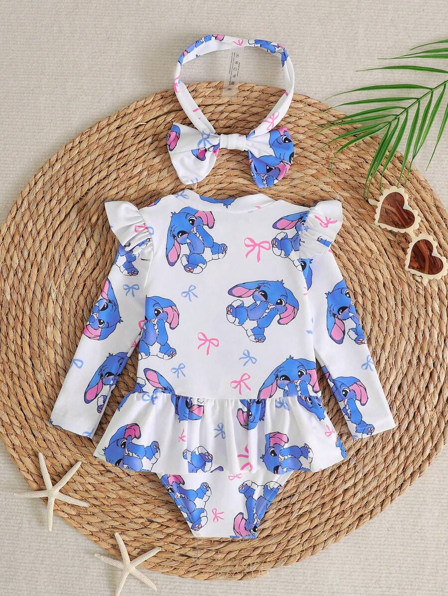 SHEIN Baby Girls' 2pcs/Set Long Sleeve Ruffle Swimsuit With Bow Headband,Cute Rabbit Animal Print Sun Protection Swimwear For Toddler Summer,Holiday - Blue - View 1