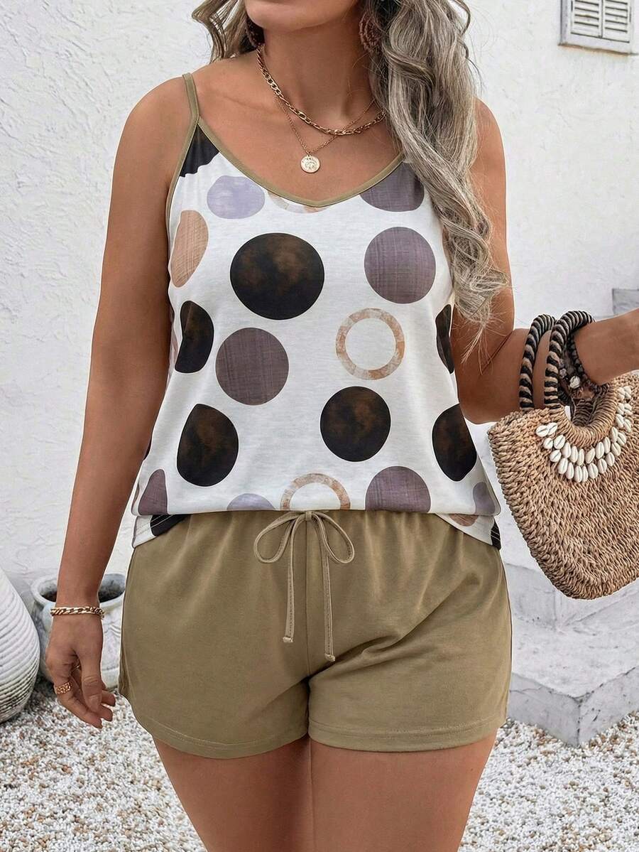 Bộ áo hai dây và quần short in chấm bi thời trang mới dành cho nữ cỡ lớn. - Nhiều màu - Xem 1
