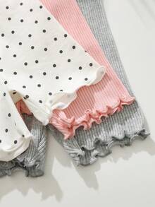 Loomiva 6pcs Baby Girl White And Black Polka Dot, Summer, Cute, Family Matching Solid Color Knit Round Neck Top And Elastic Waist Shorts Set, Cotton Baby Girl Outfit - Multicolor - View 3