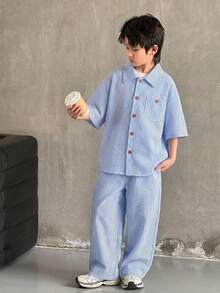 Bộ đồ 2 món cho bé trai/thiếu niên: áo polo cổ bẻ dáng rộng tay ngắn kẻ sọc, thoải mái, kiểu dáng thường ngày và quần dài. - Màu xanh lam - Xem 4