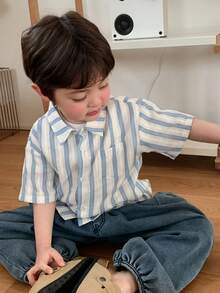 DAZY 男童翻领条纹休闲短袖上衣 - 淺藍色 - 查看 6