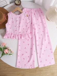 SHEIN Bộ đồ thể thao cho bé gái tuổi teen: áo và quần không tay cổ tròn, kẻ sọc, cài cúc phía sau. - Màu Hồng baby - Xem 2