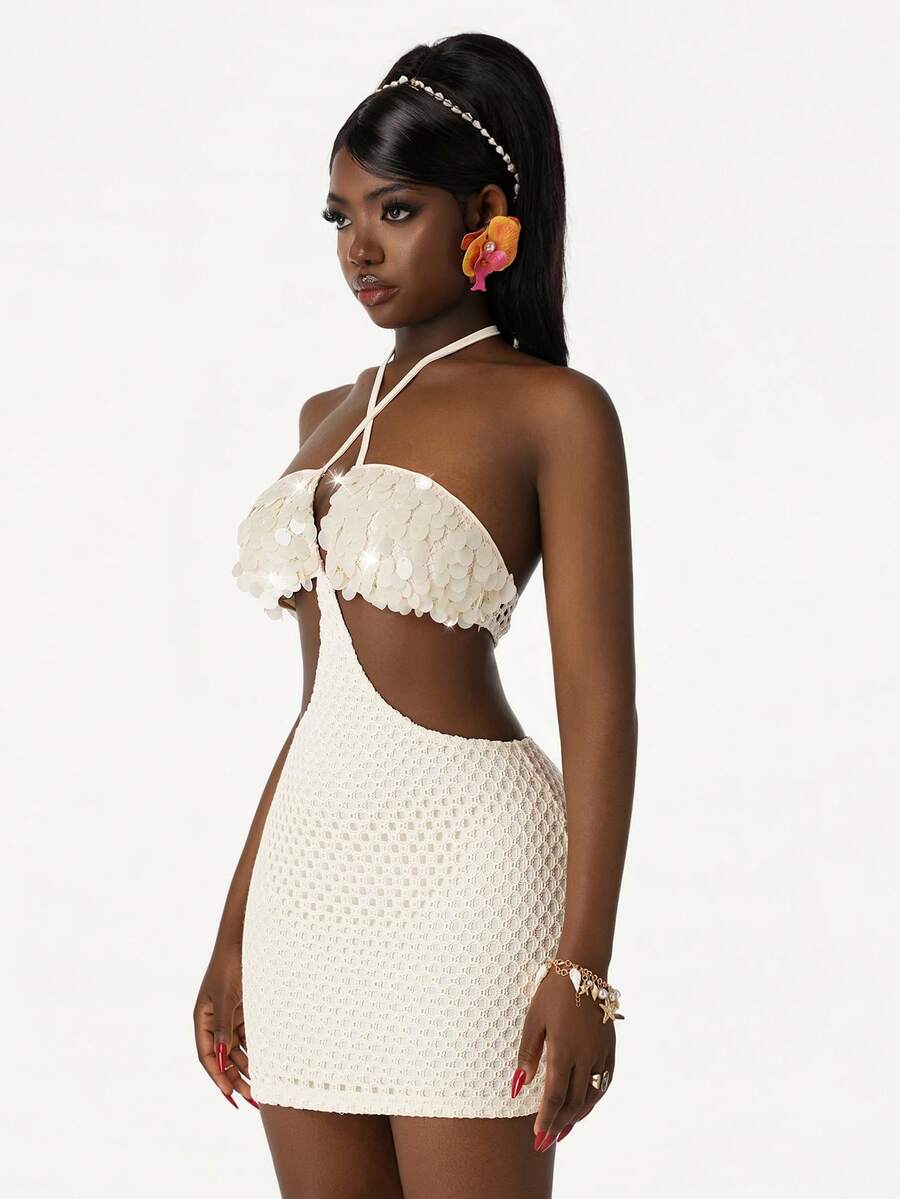 Amplova Women's Beaded Camisole Mini Dress, Sexy Backless Halter Neck With Hollow Waist Design, Suitable For Beach Vacation