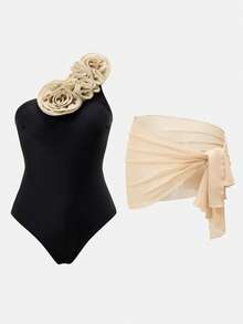 Swim Oasis 26SS 女士春夏沙滩套装，连体或分体式，优雅名媛复古波西米亚海洋风，饰以精致3D立体花卉图案，不对称肩部连体裤搭配裹身式短裙，高级套装 - 彩色 - 查看 3