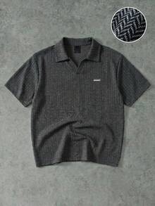 SUMWON Relaxed Herringbone Collared Short Sleeve Casual Polo Shirt For Weekend Wear Spring Summer Plain - Black - View 5