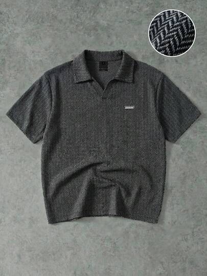 SUMWON Relaxed Herringbone Collared Short Sleeve Casual Polo Shirt For Weekend Wear Spring Summer