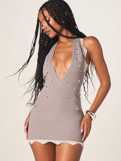 MISSGUIDED Chiffon Halter Neck Mini Dress With Rhinestone Studded Details And Delicate Lace Trim Edges Backless Party Bodycon Evening