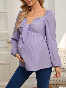 SHEIN Áo sơ mi dài tay dáng suông họa tiết sọc dành cho bà bầu, viền bèo nhún. - Màu tím - Xem 5