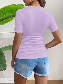 SHEIN Camiseta de maternidad de unicolor con pliegues, cuello redondo y manga corta, para el verano - Púrpura malva - View 2
