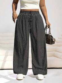 SHEIN EZwear 大码休闲波点印花宽松直筒裤，带侧袋 - 黑與白 - 查看 4