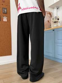 STEELVANCE Men's Solid Color Slant Pocket Casual Drawstring Waist Pants Men's Loose Straight Leg Casual Pants - Black - View 2