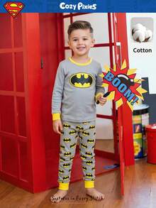 BATMAN X Cozy Pixies Young Boy Cartoon Pattern Knit Soft Round Neck Long Sleeve Top And Elastic Waist Long Pants Snug Fit 2 Pieces Pajama Set Boys Pj Sets Toddler Boy Pajamas Boys Nightwear Kids Lounge Set - Multicolor - View 1