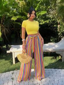 SHEIN SXY Plus Size Two-Piece Set: Yellow High-Elastic Knit Short-Sleeved Slim-Fit Cropped T-Shirt And Color-Blocked Striped Printed Faux Linen Fabric Drawstring Wide-Leg Pants.Spring/Summer Casual Vacation Bohemian Elegant Suitable For Everyday Wear, Music Festival, Concert, Carnival Party, Beach Vacation, Date Night, Birthday, Bachelorette Party, Club, Cute, Casual, Shopping, Streetwear, Going Out, Easy To Match & Looks Slim, Accent Your Body, Flatter The Figure Colorful Striped Pants Set Brunch 2 Piece - Multicolor - View 4