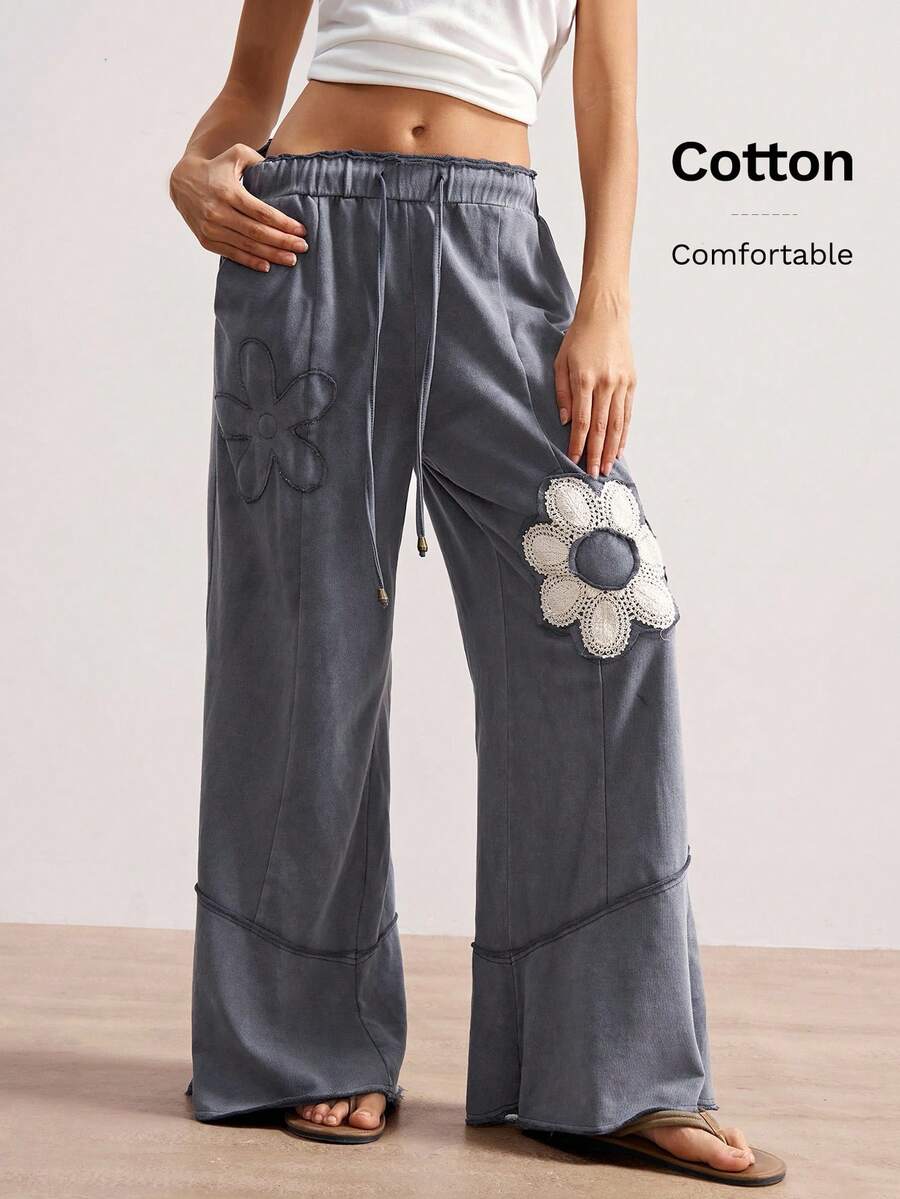 Bohemela Quần ống rộng cạp chun rút họa tiết hoa cỡ lớn cho nữ - Xám - Xem 1