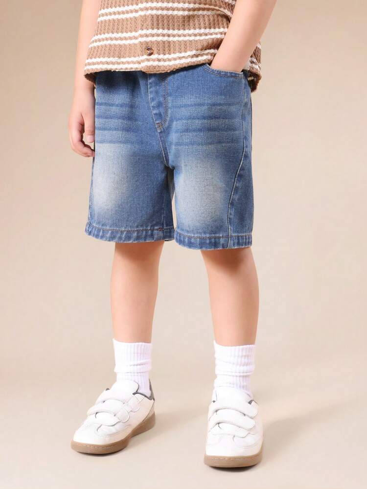 Distressed Wash Denim Shorts With Classic Fit