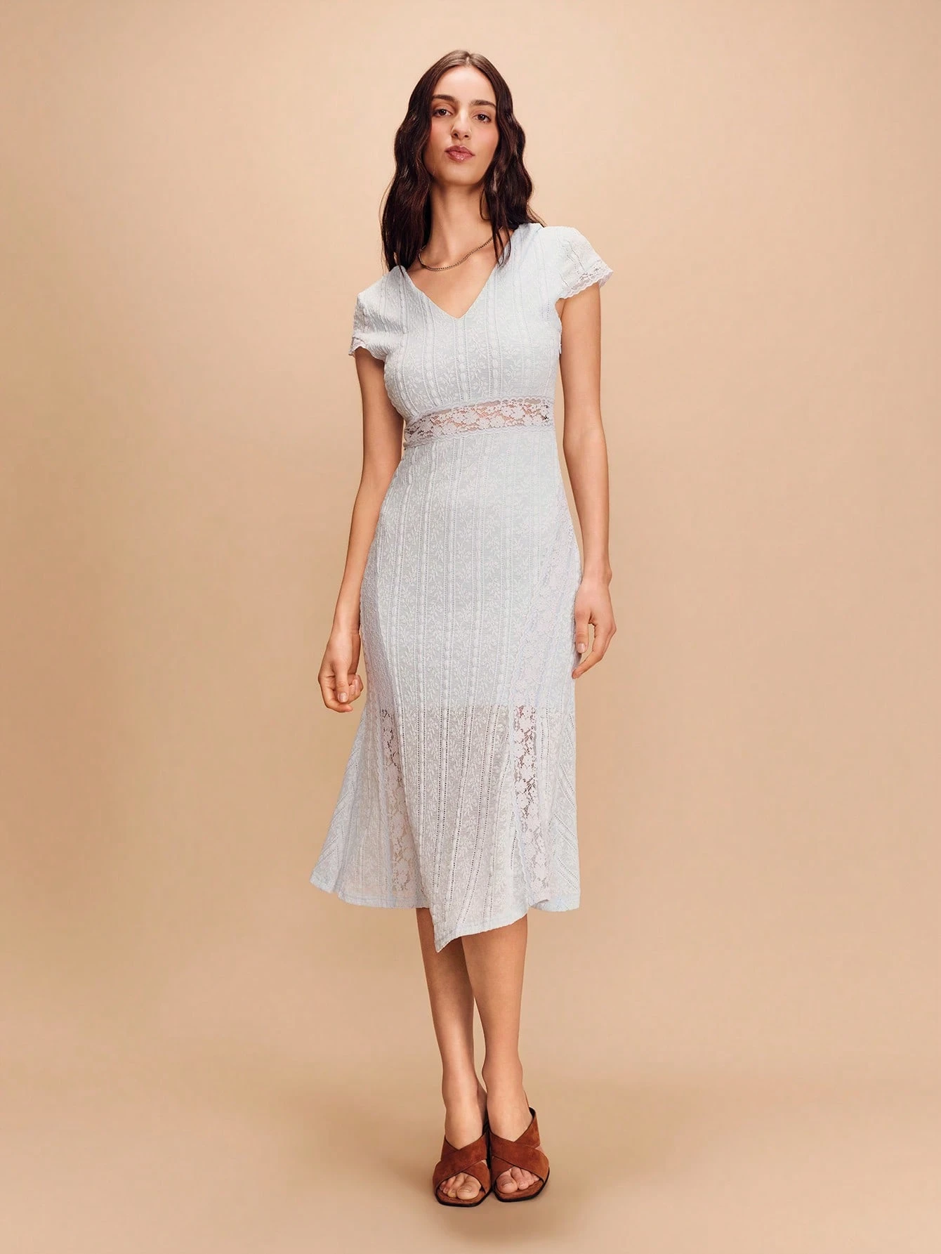 Blue Textured Knit V Neck Midi Dress With Lace Insert Details Spring Summer Chic Spring Summer Vacation French Style Parisian Style Wedding Guest Dress