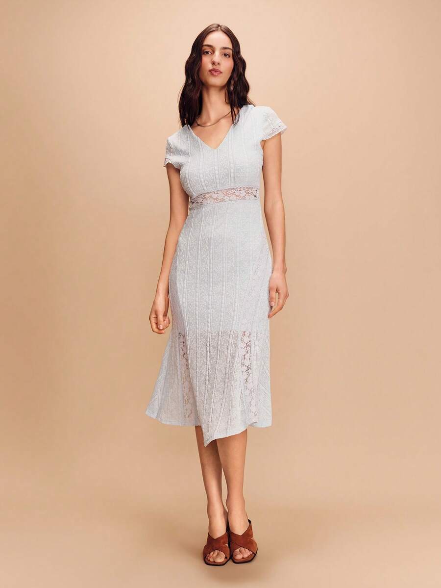 lacRébo Blue Textured Knit V Neck Midi Dress With Lace Insert Details Spring Summer Chic Spring Summer Vacation French Style Parisian Style Wedding Guest Dress - Blue - View 1