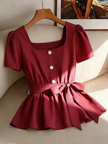 GlowEve New Arrival Wine Red Square Collar Cinched Waist Ruffle Hem Pearl Button Casual Commuter Versatile Elegant Slim Fit Blouse For Women - Red - View 5