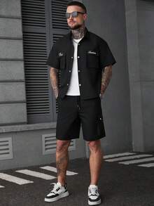 SLATEMANN Casual Shirt Set With Four-Button Design And Letter Print - Black - View 1