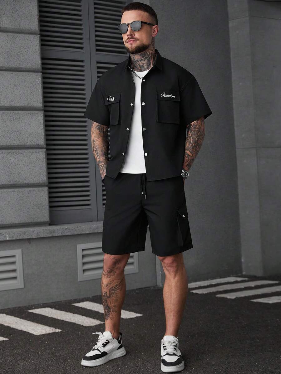 SLATEMANN Casual Shirt Set With Four-Button Design And Letter Print - Black - View 1