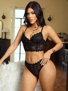 2pcs Lace Contrast Mesh Underwire Bra Set For Women - Black - View 4