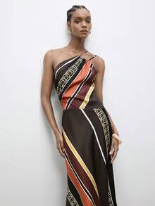 Maija Brown Dress Striped Dress With Asymmetric Hem, Asymmetrical Shoulder, Suitable For Vacation & Beach Tighten The Waist Beach Dress Summer Dress Festival Dresses Elegant Holiday Outfits - Multicolor - View 1