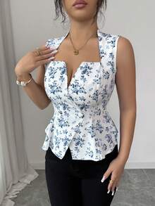 SHEIN Elenzya Áo kiểu không tay cổ chữ V họa tiết hoa thanh lịch, có thắt eo và cài cúc, thích hợp cho kỳ nghỉ. - Xanh và trắng - Xem 3