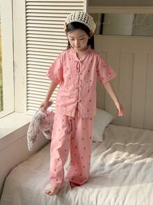 DAZY Conjunto de pijama de pantalón y blusa de manga corta con botones y estampado floral para niña, primavera-verano - Rosa - Ver 10