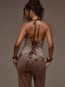 MUSERA Áo kiểu ôm sát cổ yếm đính sequin, chất liệu lưới, thích hợp cho mùa xuân hè, kỳ nghỉ, đi biển, lễ hội ở Ibiza, tiệc tùng, thanh lịch và sang trọng. - Màu Khaki - Xem 2