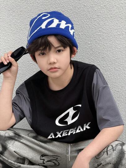 DAZY Áo thun ngắn tay cổ tròn in chữ phối màu dành cho bé trai tuổi teen