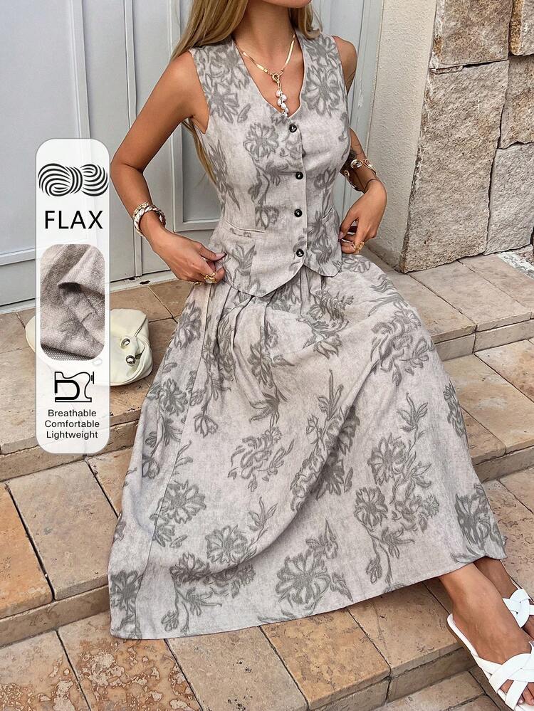 Women's Casual Floral V-Neck Pocket Vest & A-Line Skirt 2 Piece Set, Spring/Summer