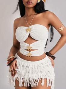 Coolane Conjunto de ropa de vacaciones de primavera/verano para mujer, estilo boho hippie para la playa, cómoda blusa de hombros descubiertos con textura elástica - Blanco - Ver 5