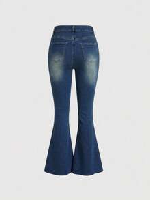 Sweetra Quần jeans ống loe dáng ôm, đính đinh tán, phong cách thường ngày. - Rửa tối - Xem 2