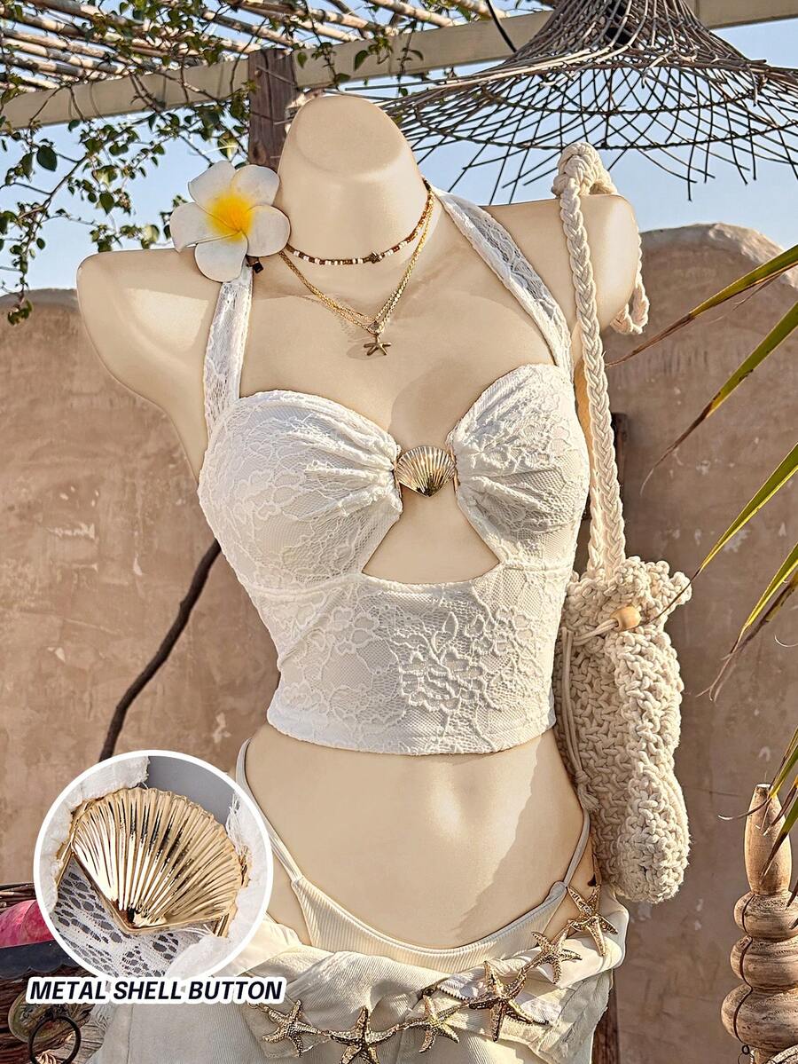Trelyra Women's Elegant Vacation Fashion Minimalist Versatile Lace & Metal Decor Halter Top, Spring/Summer - Apricot - View 1