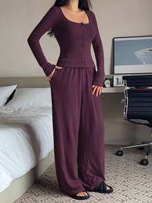 DAZY Bộ đồ ngủ nữ 2 món gồm áo thun dệt kim mềm mại ôm sát và quần pajama rộng rãi, thích hợp cho mùa thu/đông và mùa xuân. - Màu tím - Xem 5