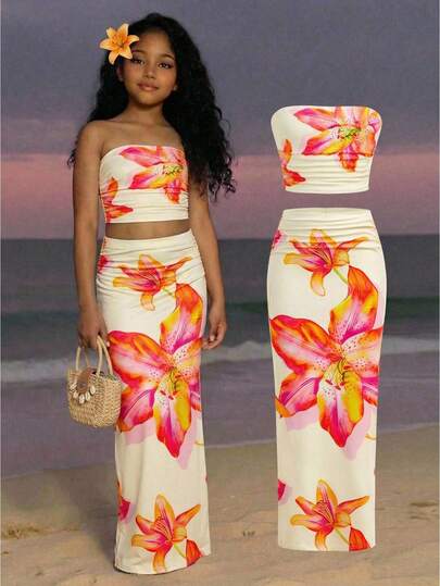Tween Girls' Summer Holiday Floral Print Camisole Top And Skirt 2 Pieces Set, Tropical Vibe, Suitable For Vacation, Beach, Seaside