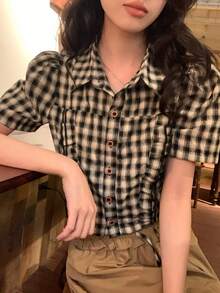DAZY Bộ đồ mặc nhà mùa hè dành cho nữ gồm áo ngắn tay kẻ caro và quần dài màu trơn. - Nhiều màu - Xem 7