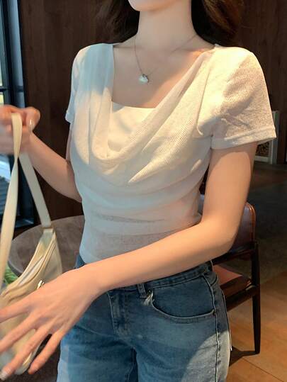 DAZY Áo thun nữ 2 trong 1 cổ khoét sâu, chất liệu lưới dệt kim, tay ngắn raglan ôm sát, thích hợp cho mùa hè.